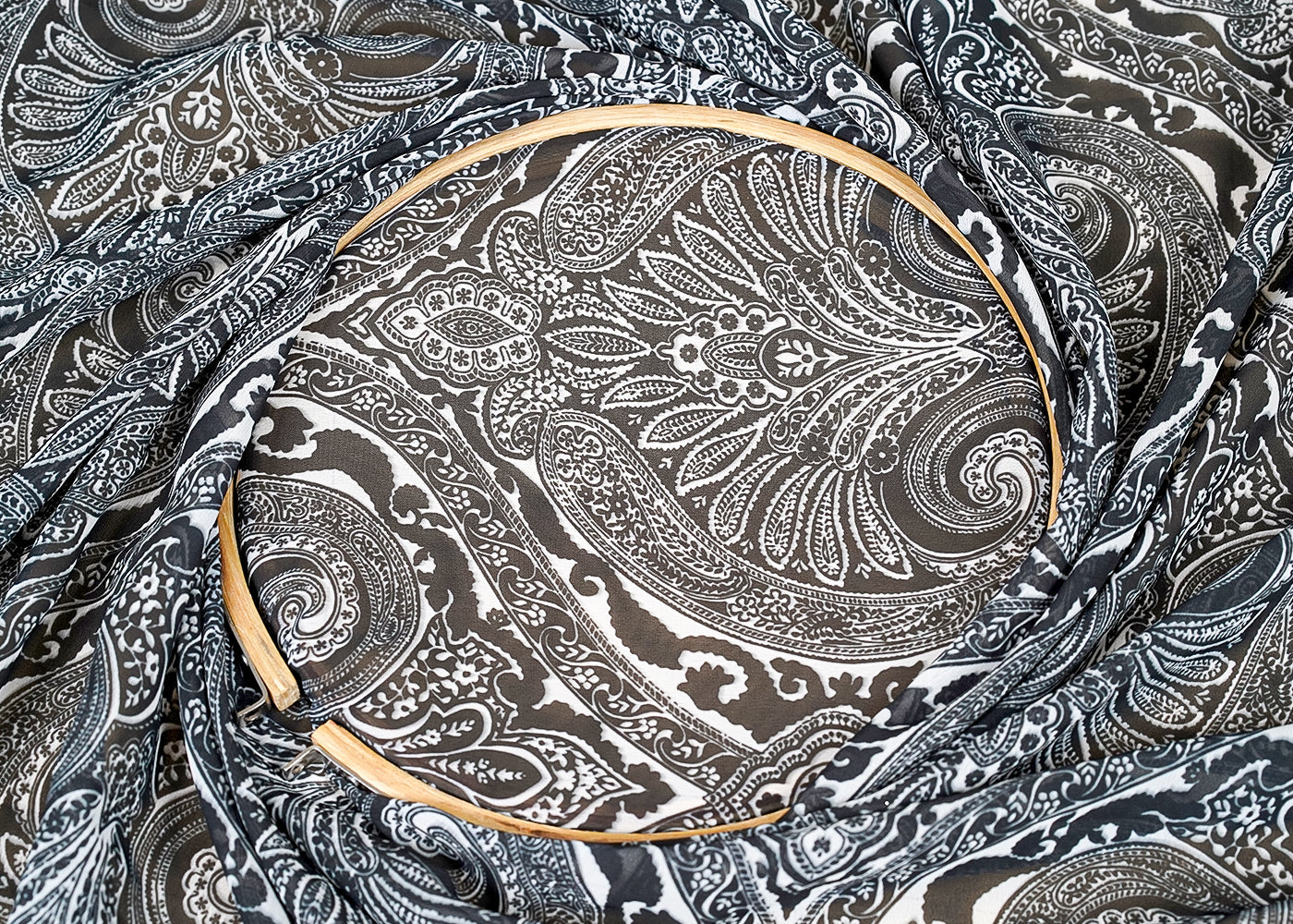 ( Pre-Cut 1.1 MTR) Black Georgette Fabric With All Over Traditional Print 18171