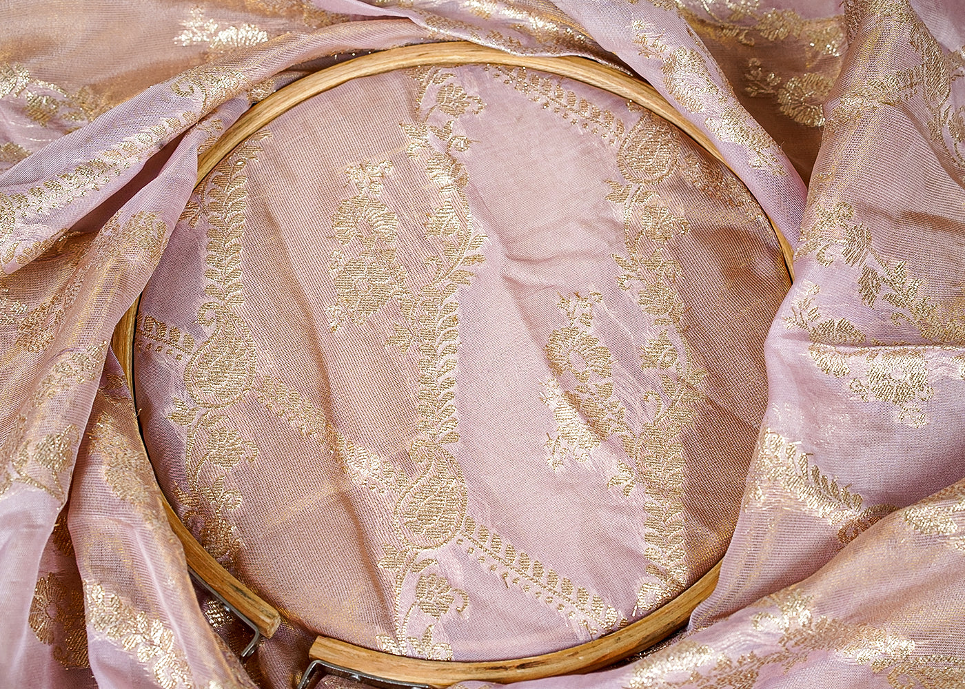 ( Pre-Cut 1.55 MTR) Lavender Tissue Fabric With All Over Golden Zari Handloom 18183