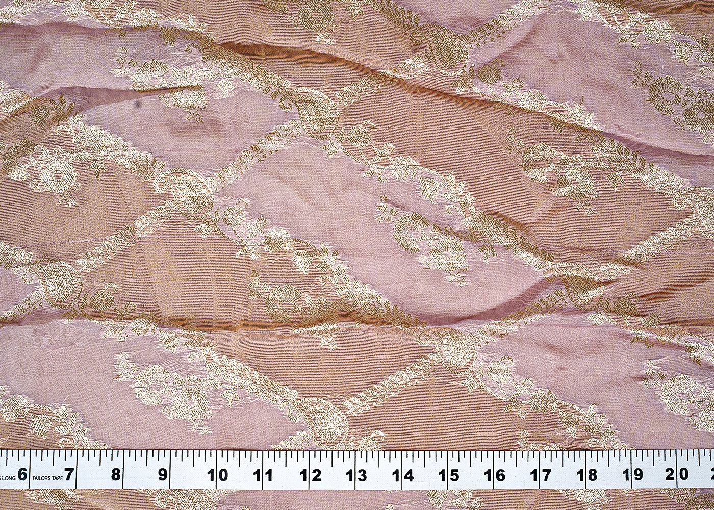 ( Pre-Cut 1.55 MTR) Lavender Tissue Fabric With All Over Golden Zari Handloom 18183