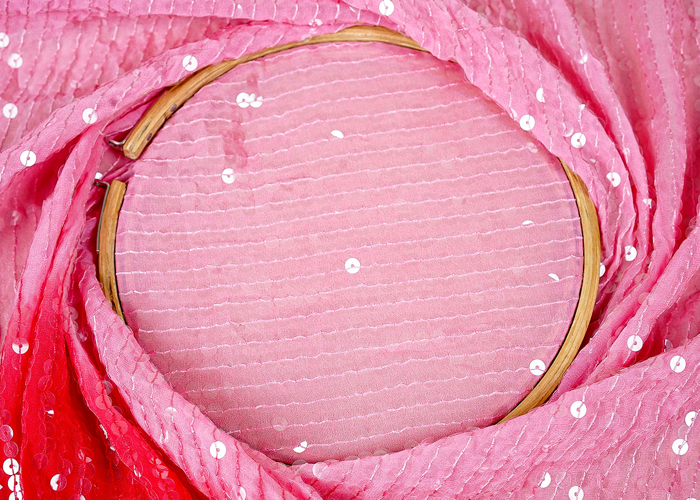 ( Pre-Cut 1.8 MTR) Light Pink And Red Georgette Fabric With Dual Shade All Over Sequins Work 18200