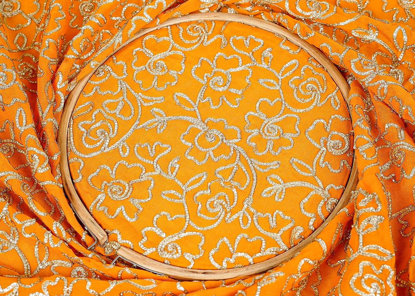 ( Pre-Cut 2 MTR) Mustard Georgette Fabric With All Over Gota Patti Work 18204