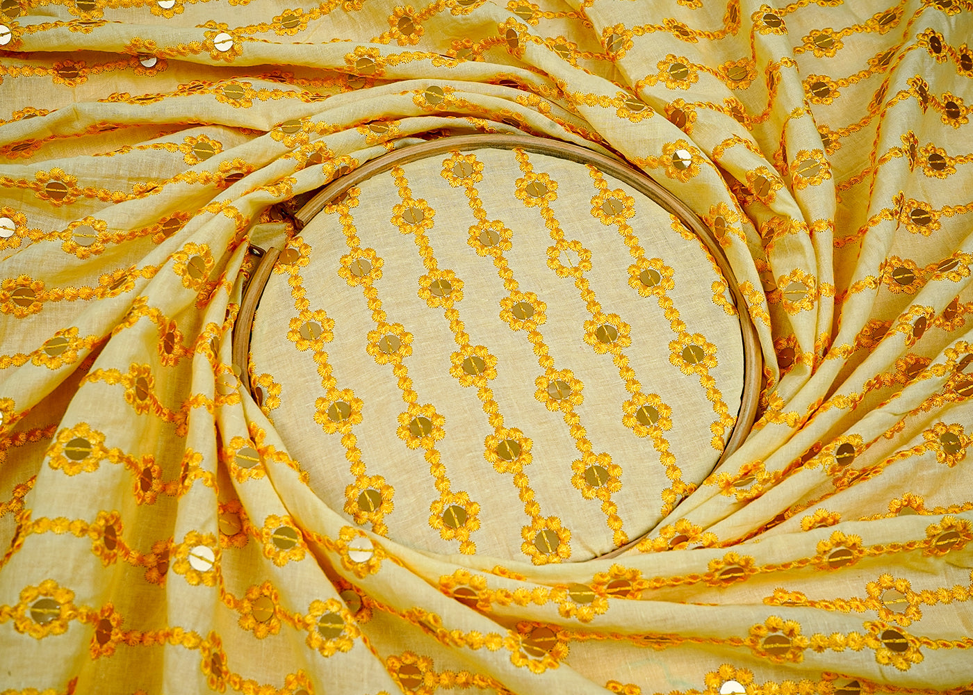 ( Pre-Cut 2.9 MTR) Pastel Yellow Cotton Fabric With All Over Thread And Sequins Work 18210