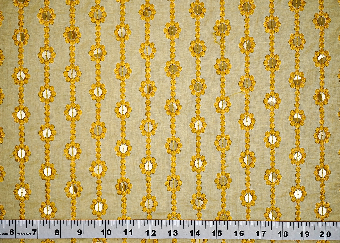 ( Pre-Cut 2.9 MTR) Pastel Yellow Cotton Fabric With All Over Thread And Sequins Work 18210