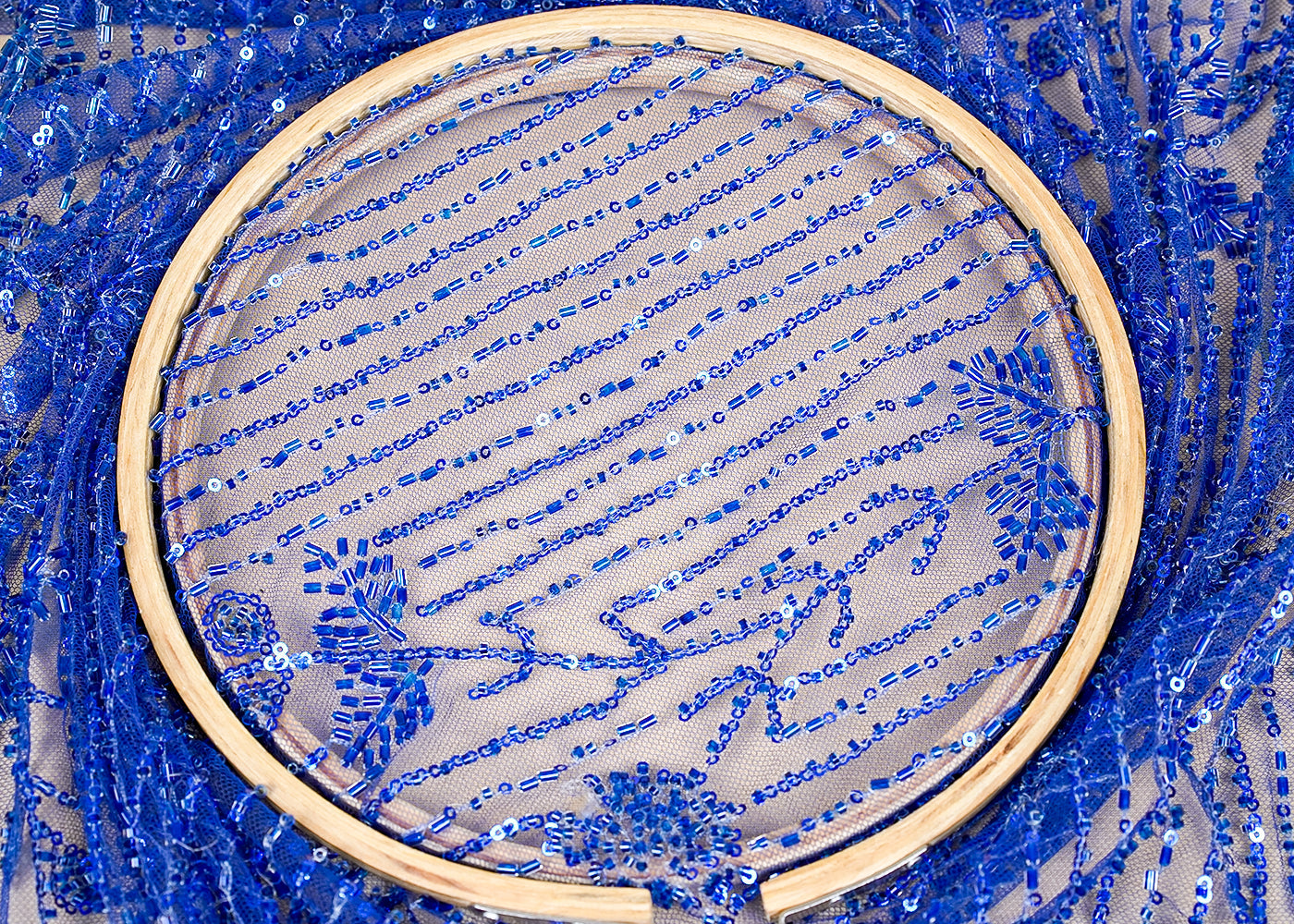 ( Pre-Cut 0.55 MTR) Blue Imported Net Fabric With All Over Sequins And Katdana Work With One Side Border 18218