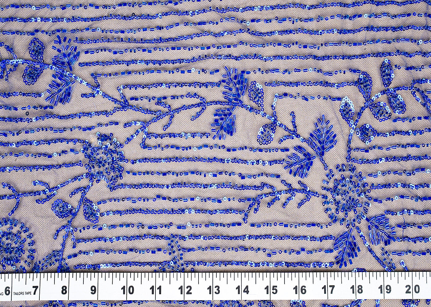 ( Pre-Cut 0.55 MTR) Blue Imported Net Fabric With All Over Sequins And Katdana Work With One Side Border 18218