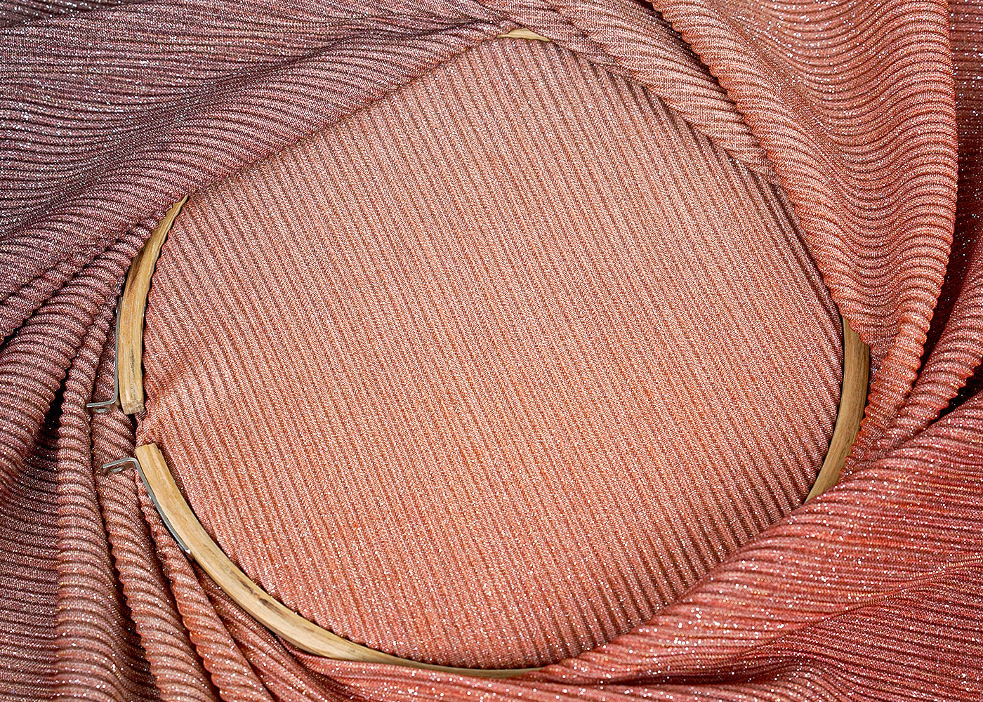 ( Pre-Cut 3 MTR) Coral Pink And Wine Lycra Fabric With Dual Shade All Over Gliter Work 18227