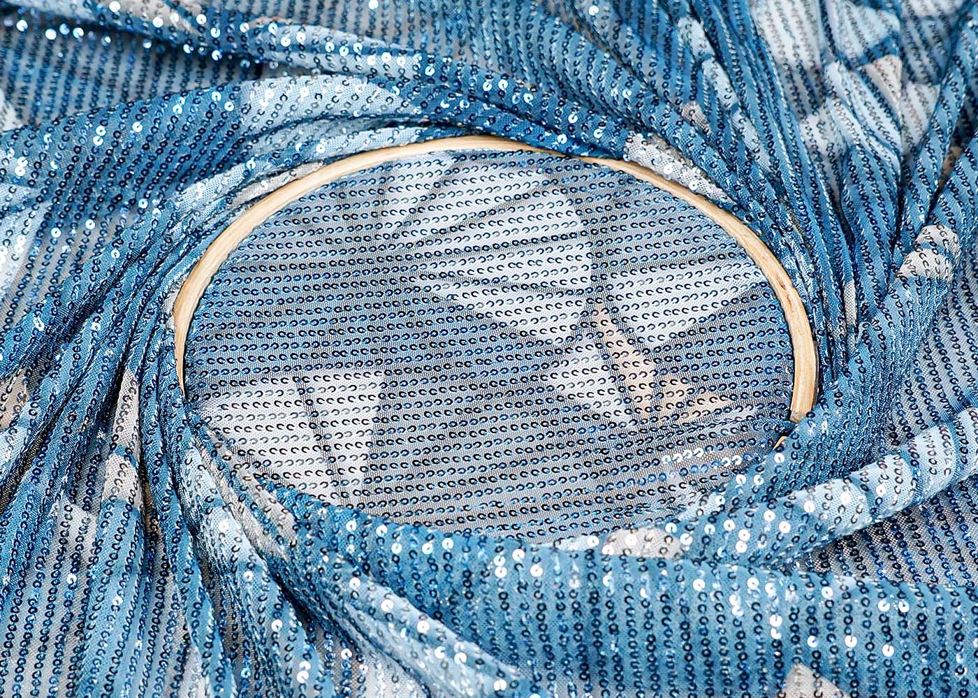 (Pre-Cut 5.6 MTR)Teal Blue Lycra Net Fabric With All Over Abstract Print And Sequins Work 18234