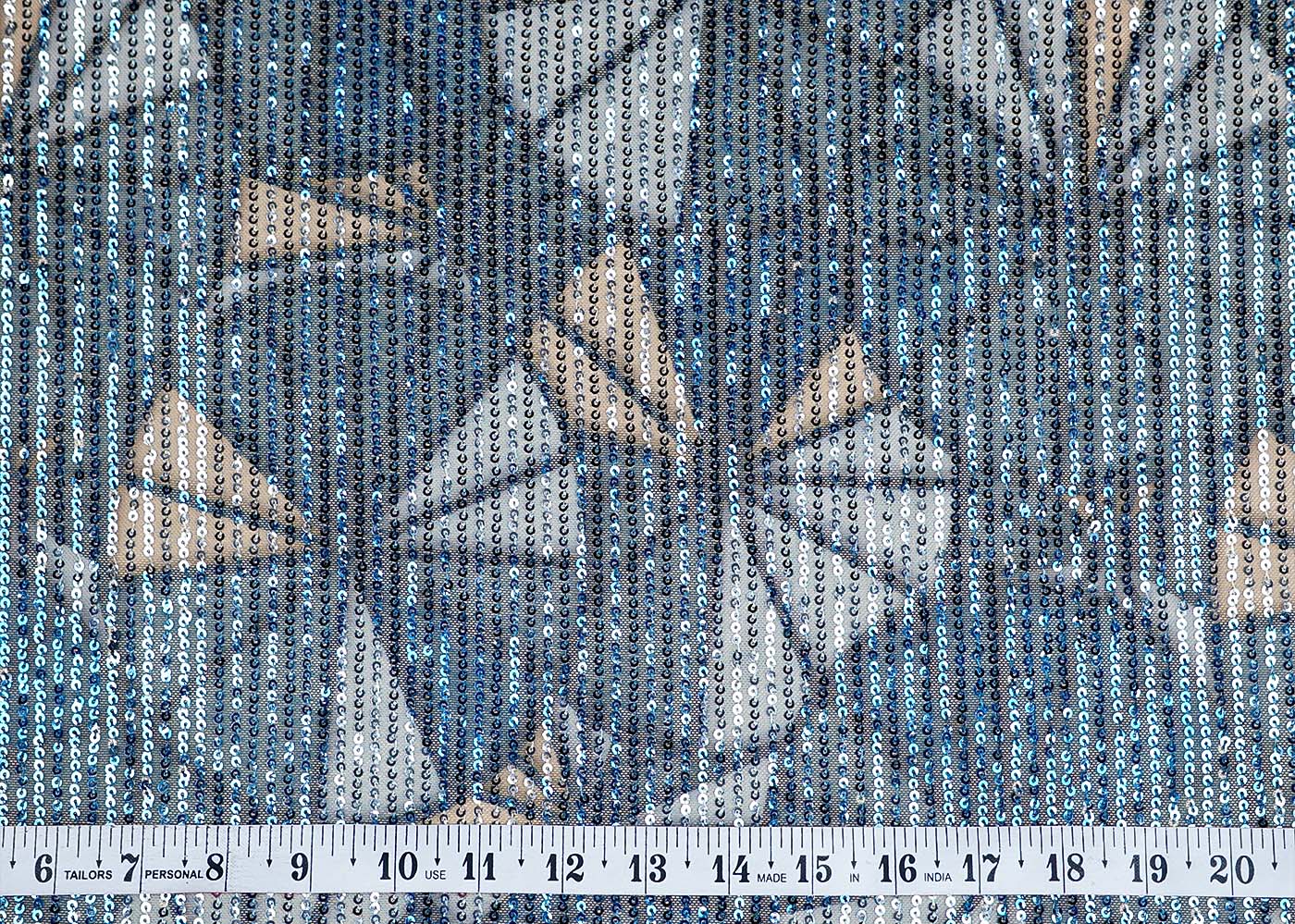 (Pre-Cut 5.6 MTR)Teal Blue Lycra Net Fabric With All Over Abstract Print And Sequins Work 18234