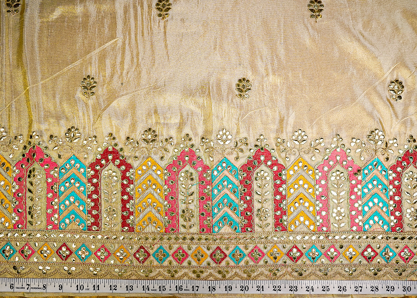 (Pre-Cut 1 MTR) Golden Tissue Fabric With All Over Gota Patti Work With One Side Heavy Border 18236