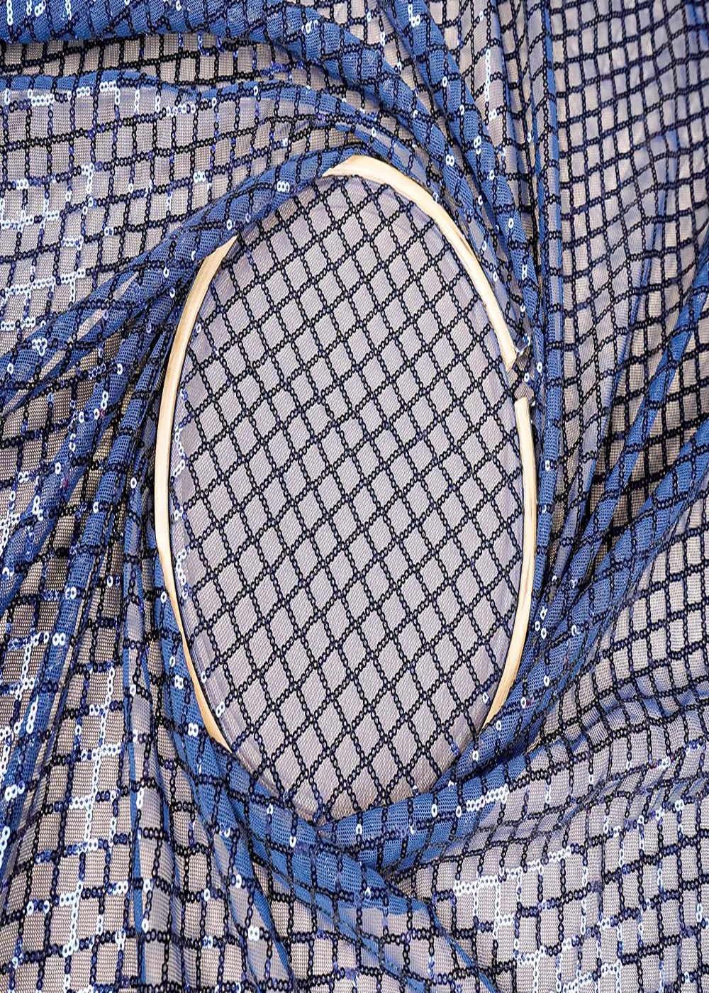 (Pre-Cut-4-MTR)Navy-Blue-Lycra-net-Fabric-With-Allover-Sequins-work-18253