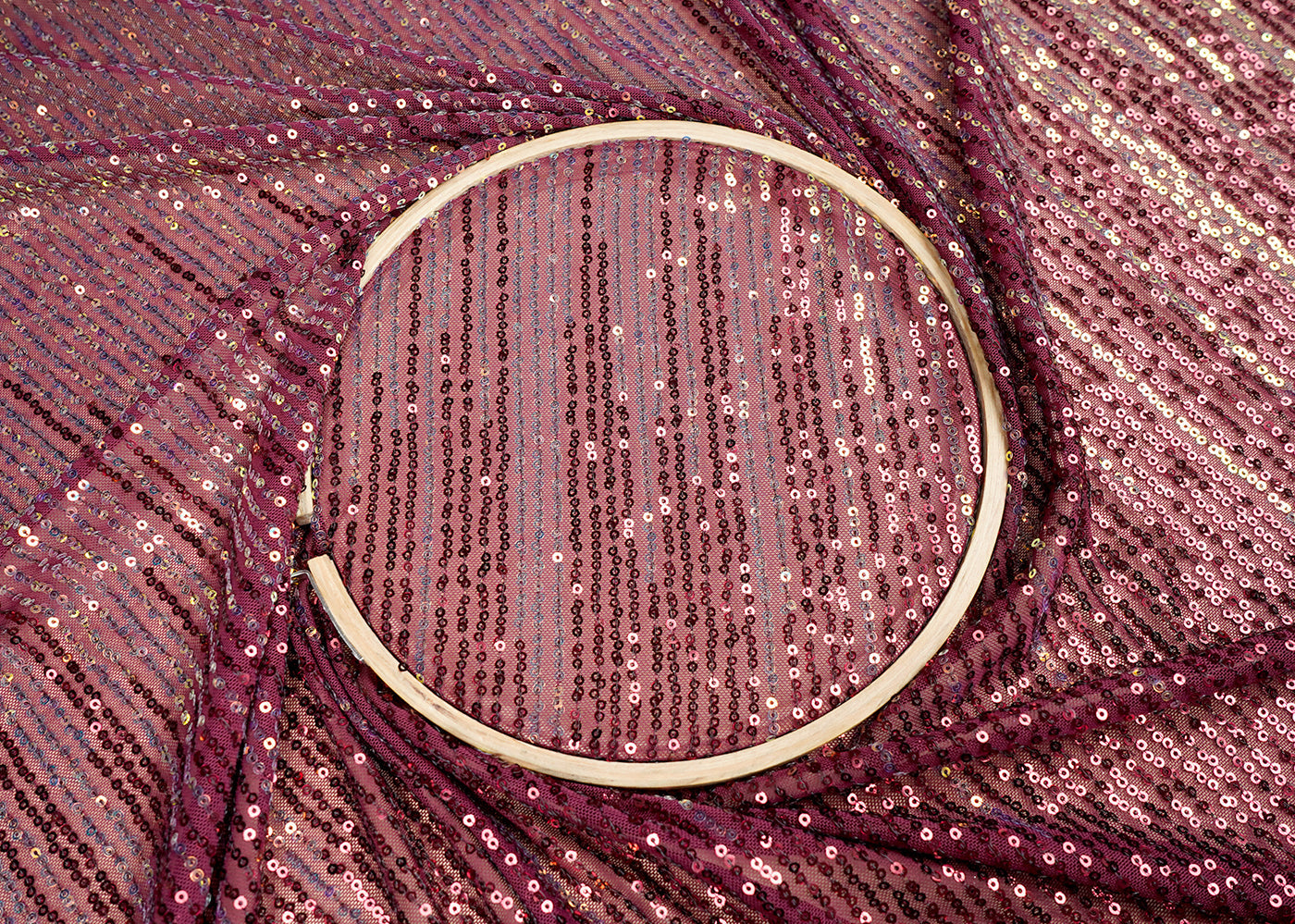 (Pre-Cut 2.4 MTR)Maroon Lycra net Fabric With Abstract Ombre sequins Work 18254