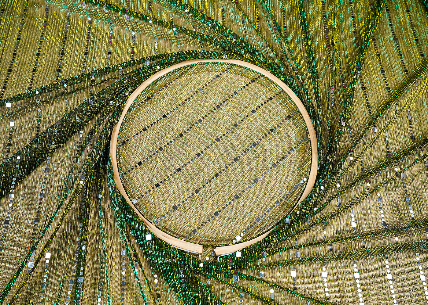 (Pre-Cut 3.45 MTR)Green moon Light Fabric With Abstract Faux Mirror Work 18258