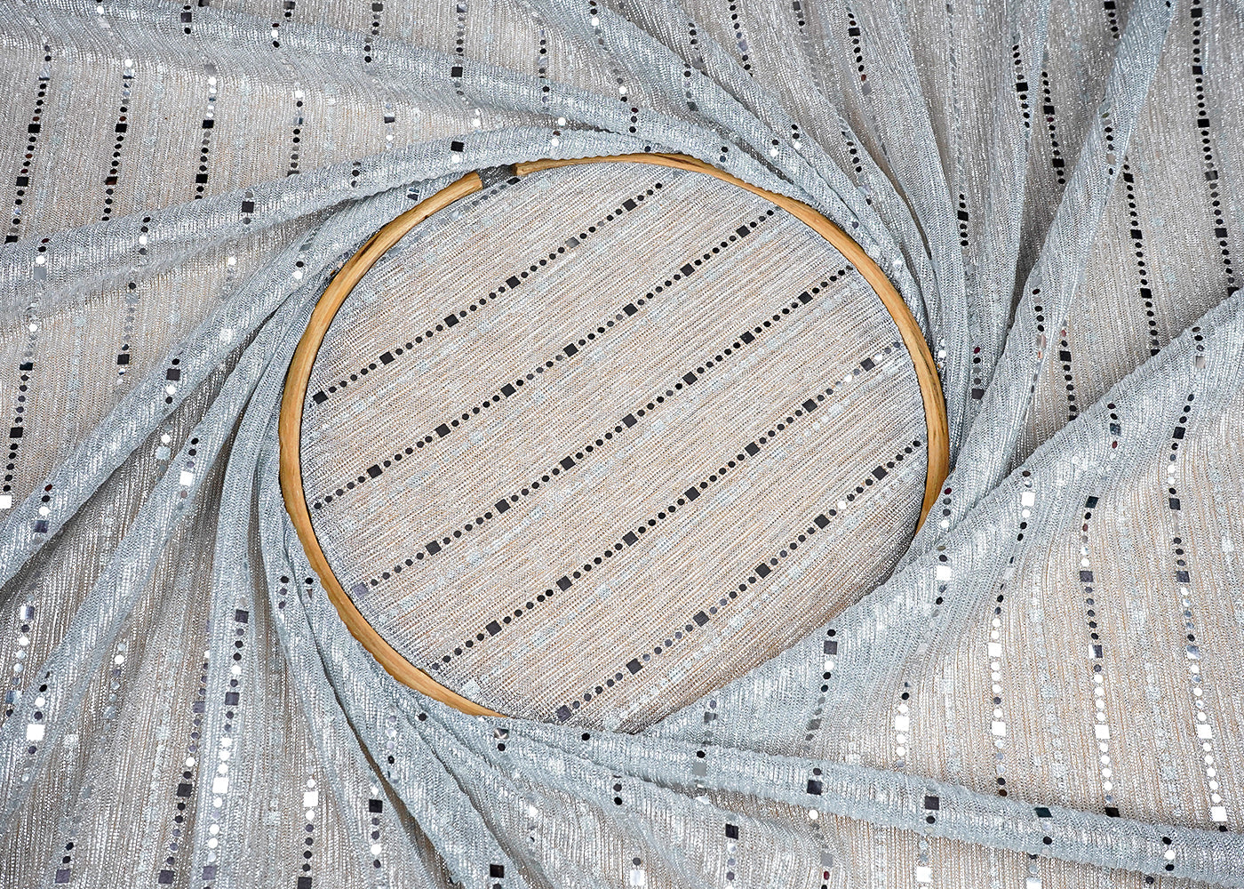 (Pre-Cut 2.85 MTR)Silver Net Fabric With Abstract Faux Mirror 18261