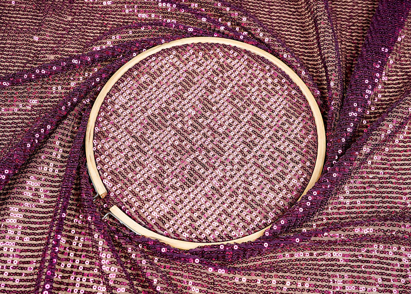 (Pre-Cut 2.4 MTR)Wine Lycra Net Fabric With All Over Sequins Work 18276