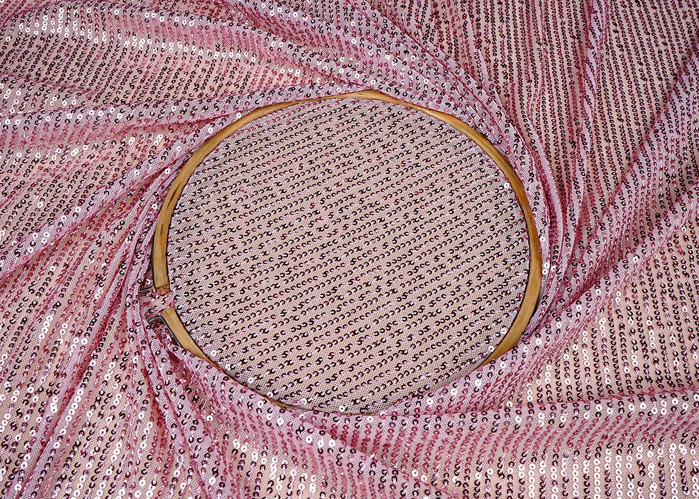 (Pre-Cut 2.4 MTR)Pink Lycra net Fabric With Abstract Sequins work 18280