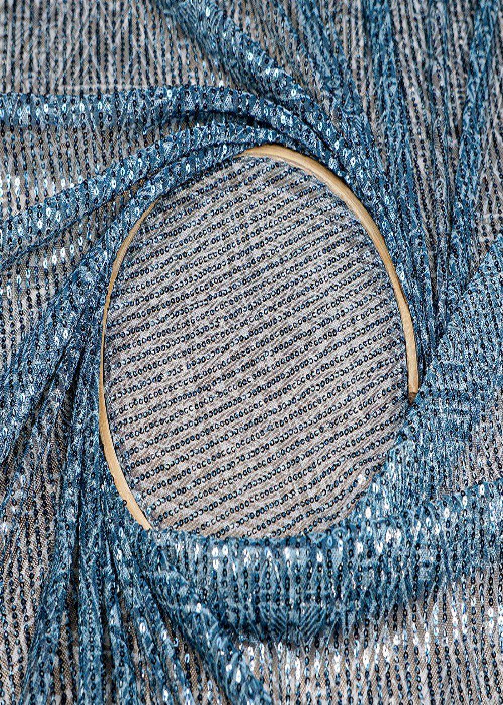 (Pre-Cut-3.35-MTR)Teal-Blue-Lycra-Net-Fabric-With-All-Over-Abstract-Print-And-Sequins-Work-18283