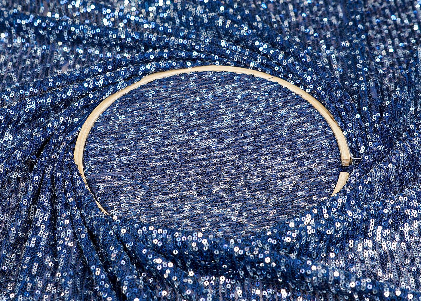 (Pre-Cut 3.25 MTR)Navy Blue Lycra Net Fabric With All Over Sequins Work 18286