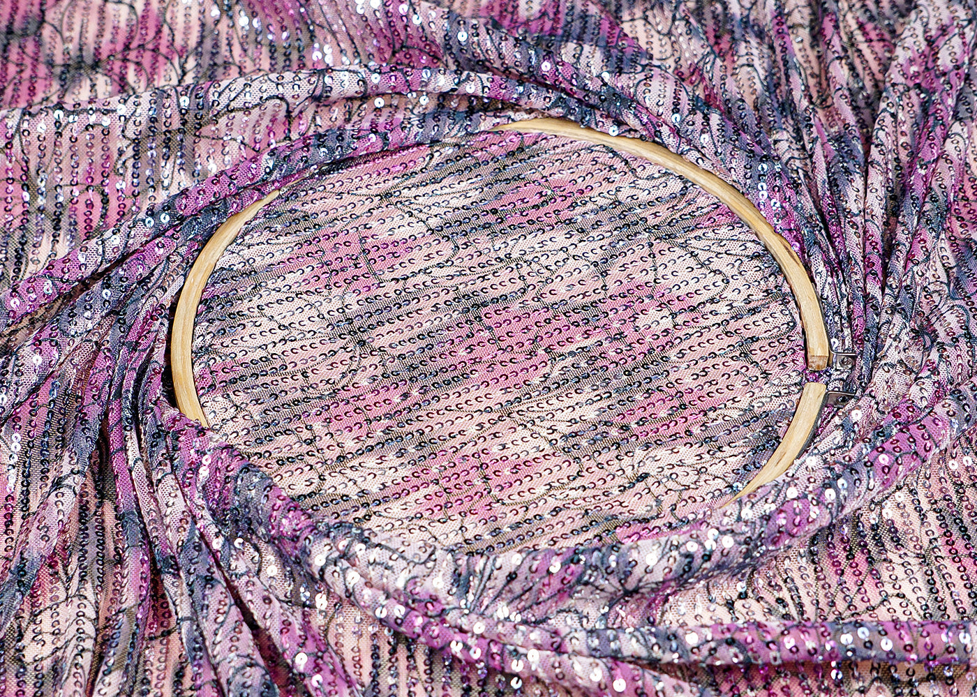 (Pre-Cut 2.8 MTR)Onion Lycra Net Fabric With All Over Abstract Print And Sequins Work 18290