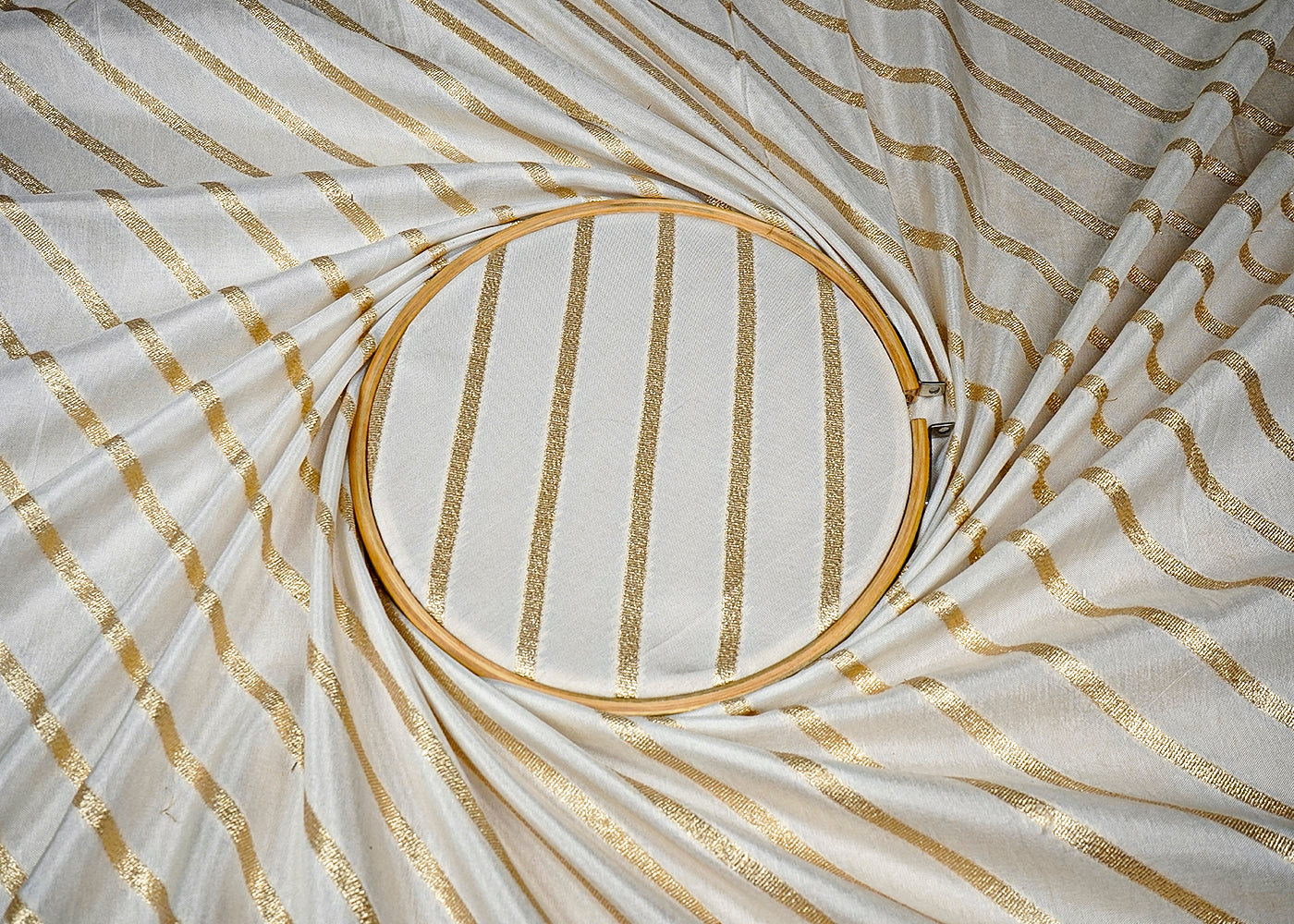 (Pre-Cut 1.5 MTR) White Upara Silk Fabric With All Over Golden Zari Handloom 18295