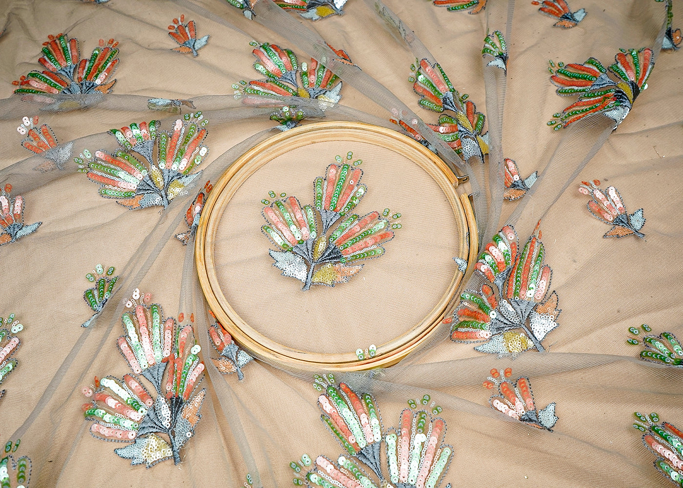 (Pre-Cut 2.5 MTR) Grey Net Fabric With All Over Thread And Sequins Work 18309