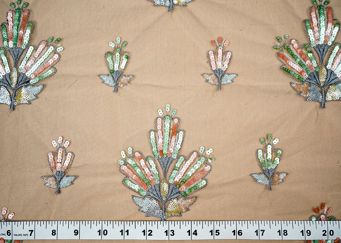 (Pre-Cut 2.5 MTR) Grey Net Fabric With All Over Thread And Sequins Work 18309