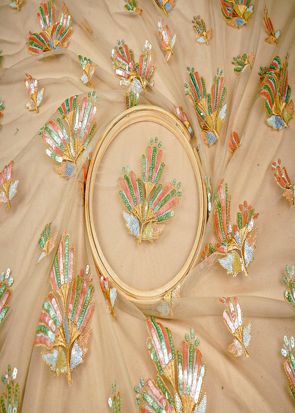 (Pre-Cut-2.6-MTR)-Beige-Net-Fabric-With-All-Over-Thread-And-Sequins-Work-18311