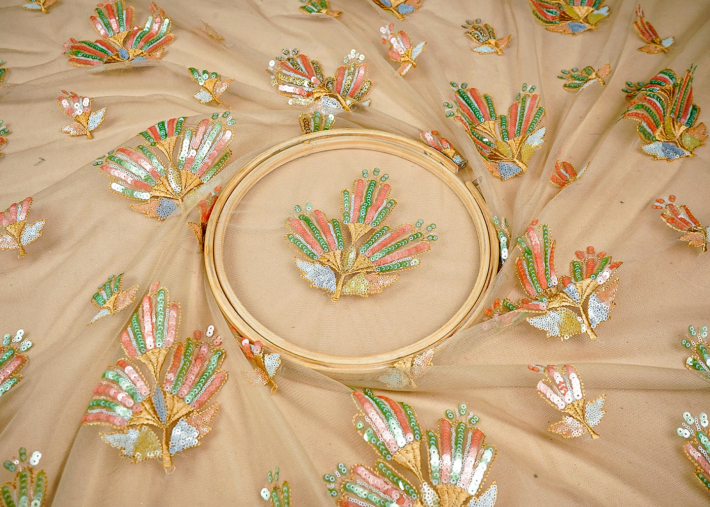 (Pre-Cut 2.6 MTR) Beige Net Fabric With All Over Thread And Sequins Work 18311