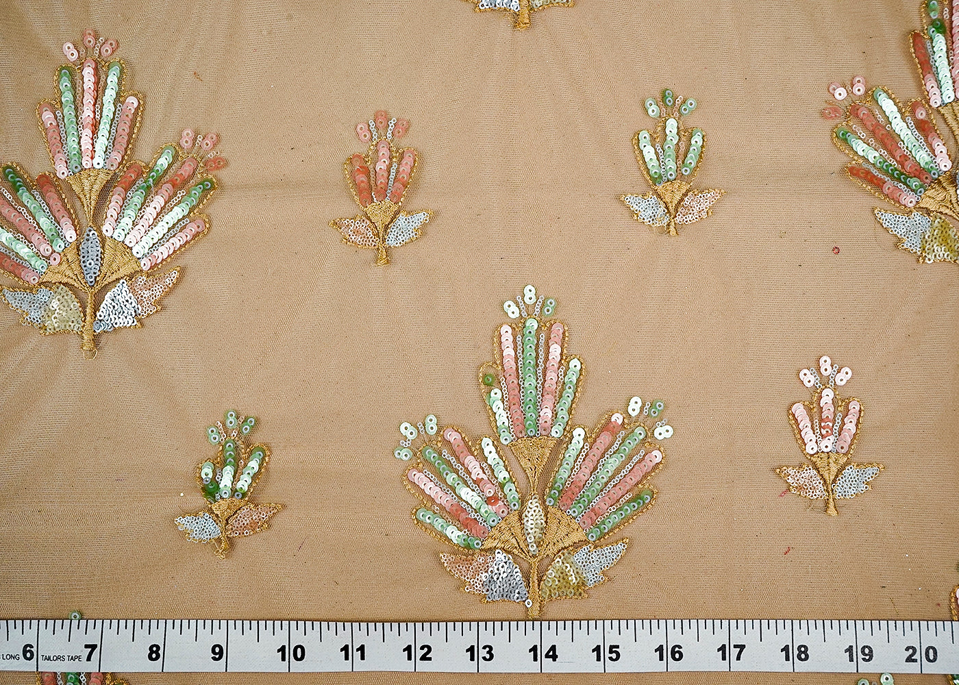 (Pre-Cut 2.6 MTR) Beige Net Fabric With All Over Thread And Sequins Work 18311