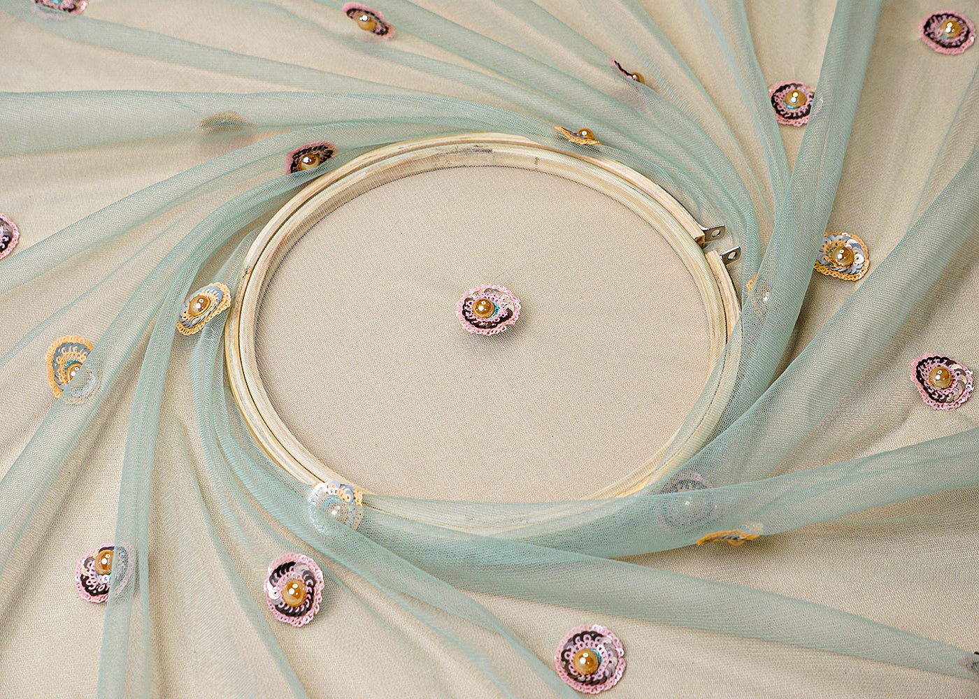 (Pre-Cut 2.6 MTR) Sea Green Net Fabric With All Over Bead And Sequins Buti 18316