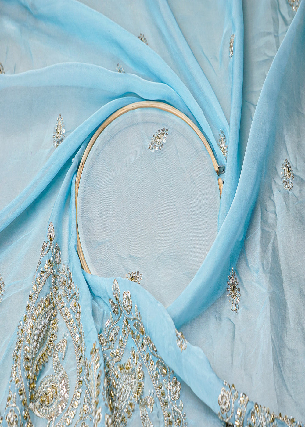 (Pre-Cut-1-MTR)-Powder-Blue-Organza-Fabric-With-All-Over-Zari,-Sequins-And-Bead-Work-With-One-Side-Heavy-Scalloped-Border-18325