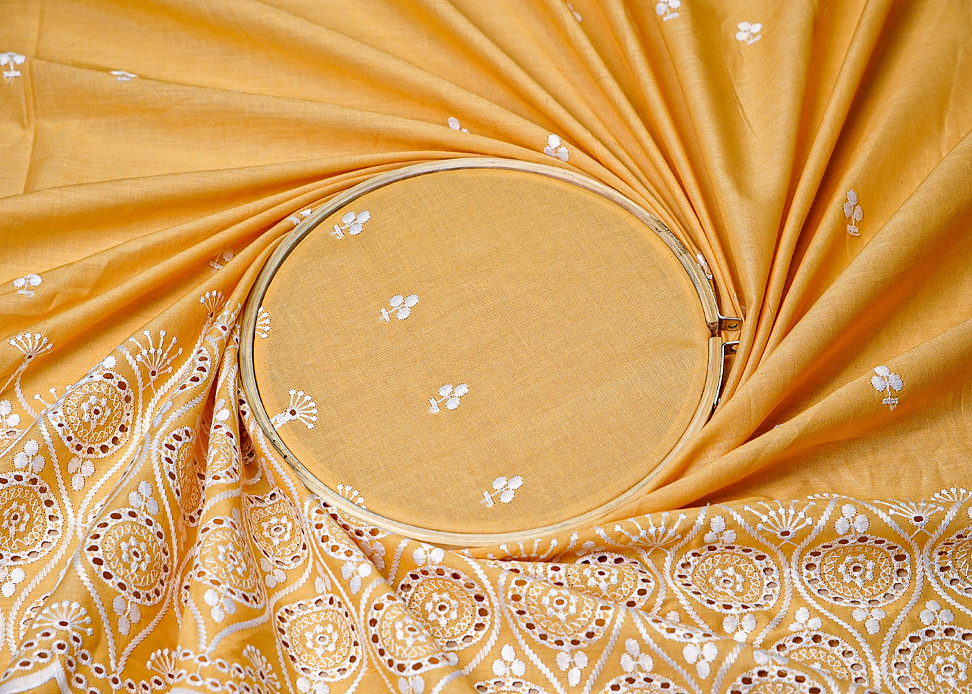(Pre-Cut 1.4 MTR) Yellow Cotton Fabric With All Over Thread Work And One Side Heavy Cutwork Scalloped Border 18327