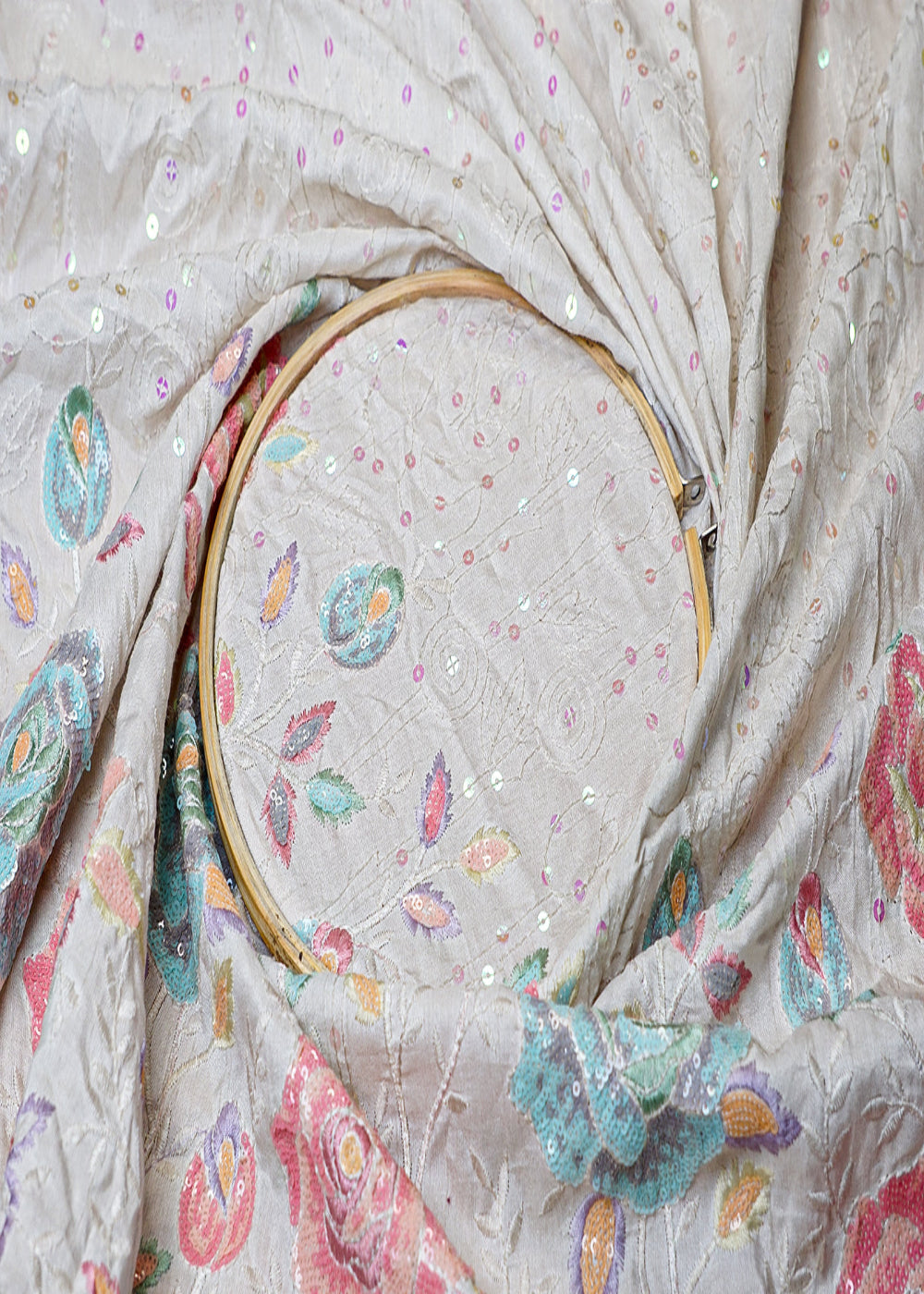 (Pre-Cut-1.3-MTR)-White-Dola-Silk-Fabric-With-One-Side-Thread-And-Sequins-Work-18338
