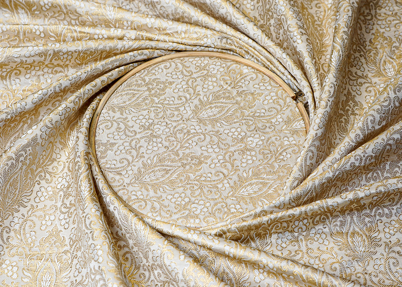 (Pre-Cut 1.8 MTR) White Banarasi Brocade Fabric With All Over Golden Zari Handloom 18353