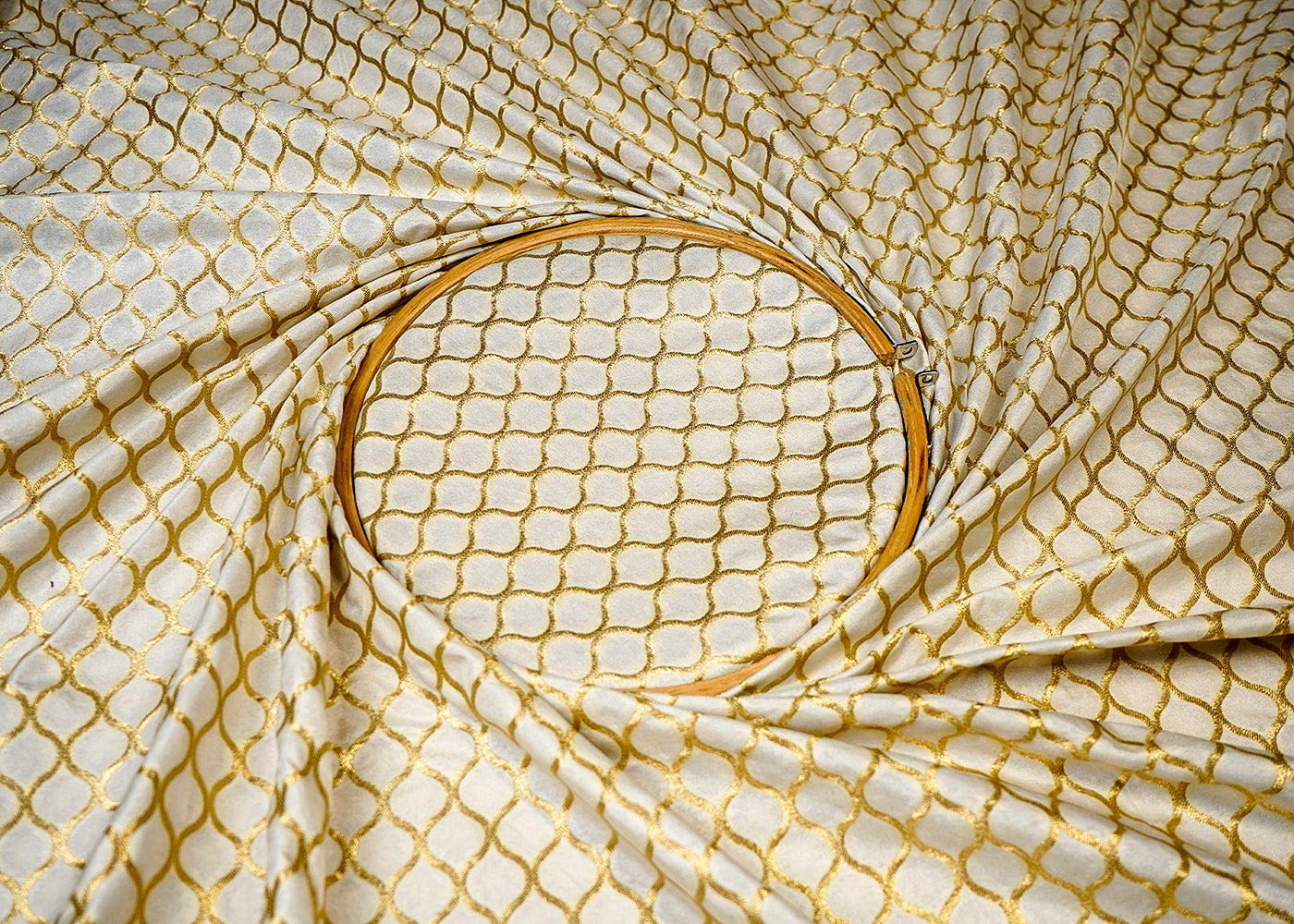 (Pre-Cut 2.2 MTR) White Banarasi Brocade Fabric With All Over Golden Zari Handloom 18356