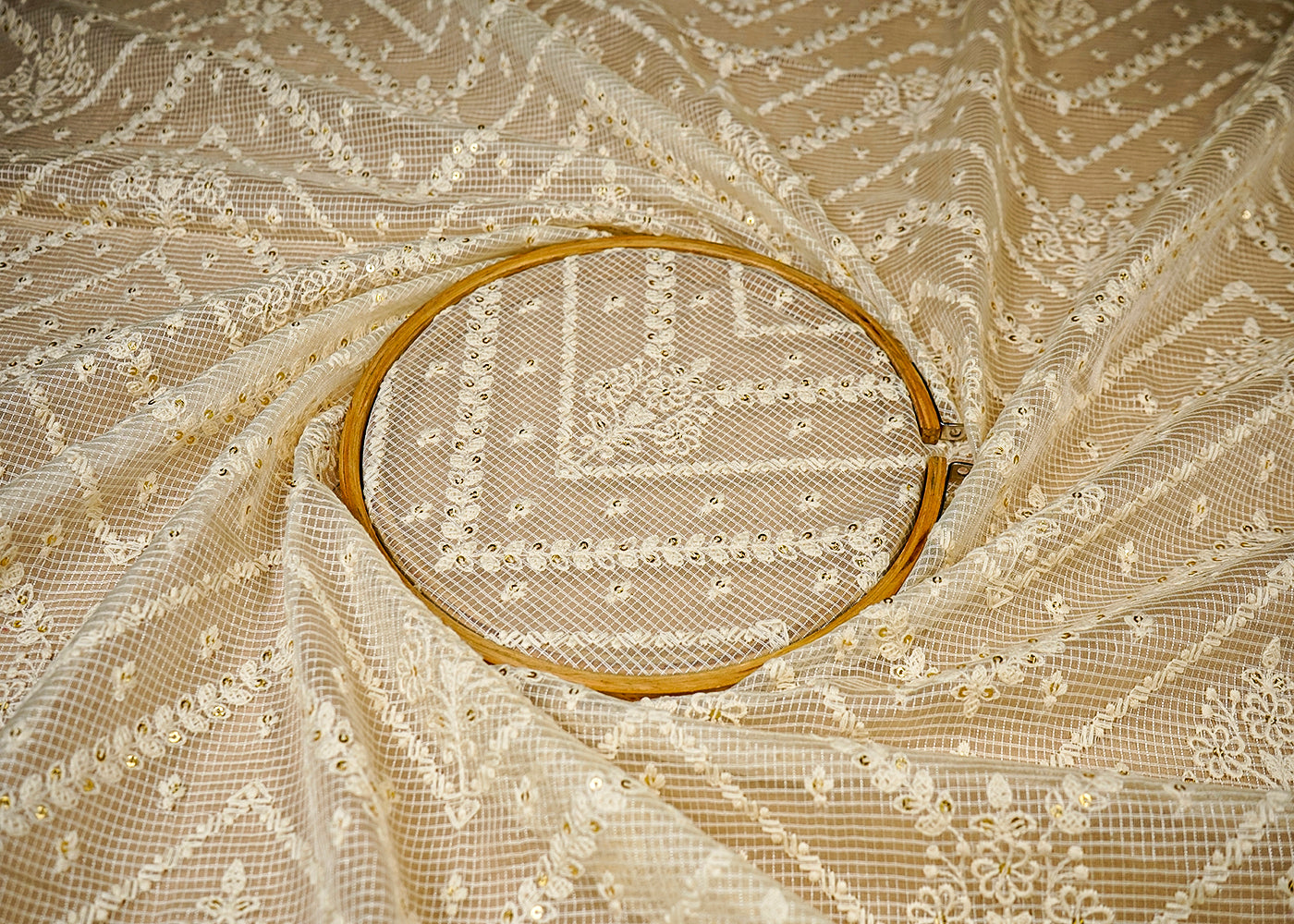 (Pre-Cut 2.55 MTR) Off White Kota Fabric With All Over Thread And Sequins Work 18373