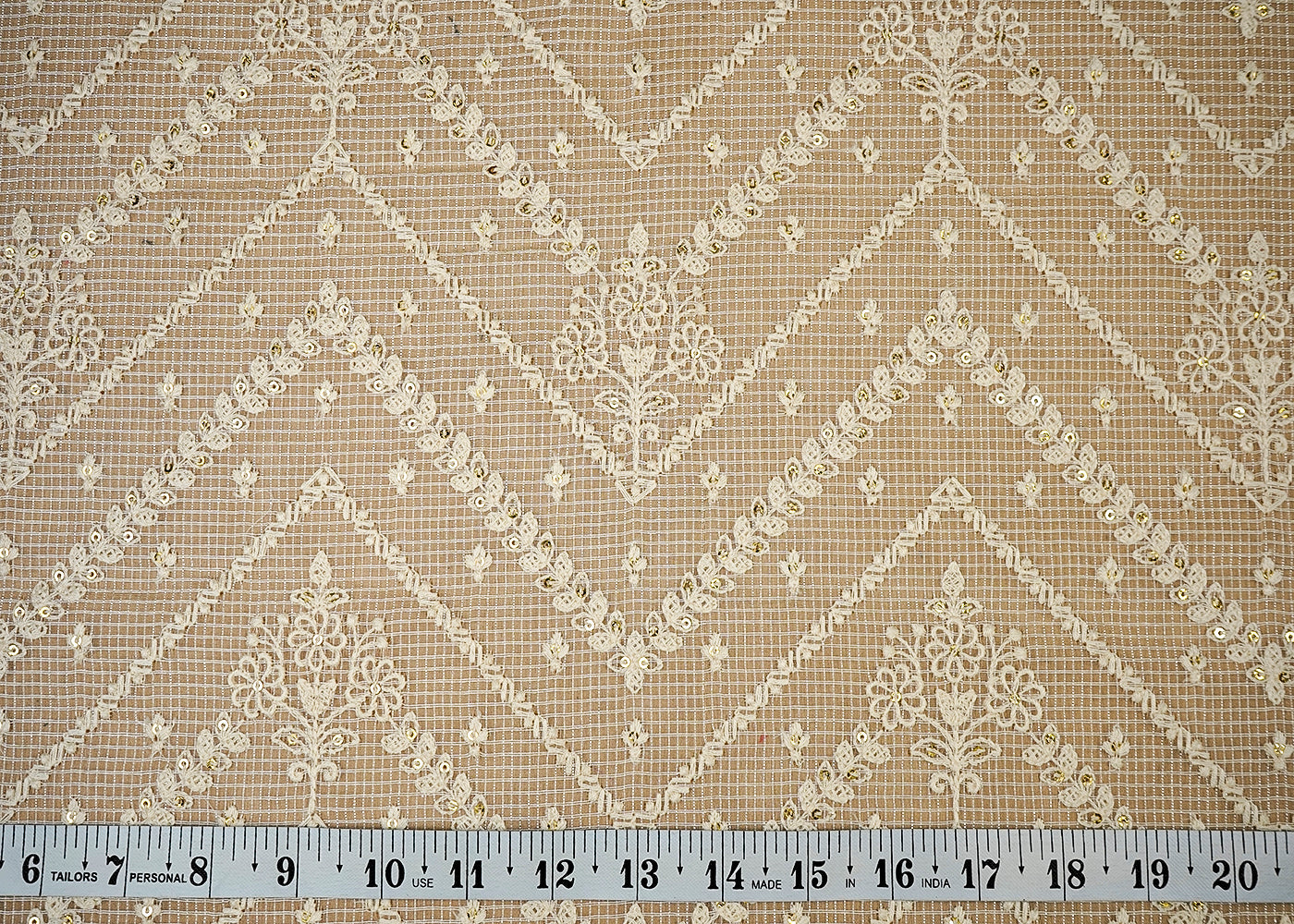 (Pre-Cut 2.55 MTR) Off White Kota Fabric With All Over Thread And Sequins Work 18373