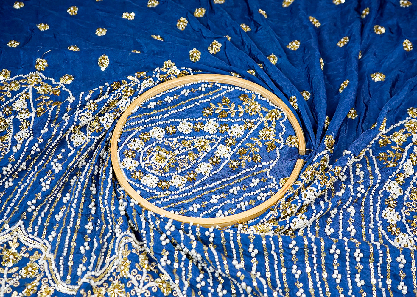 (Pre-Cut 1.2 MTR) Blue Crepe Fabric With All Over Katdana, Bead And Sequins Work With One Side Heavy Border 18374