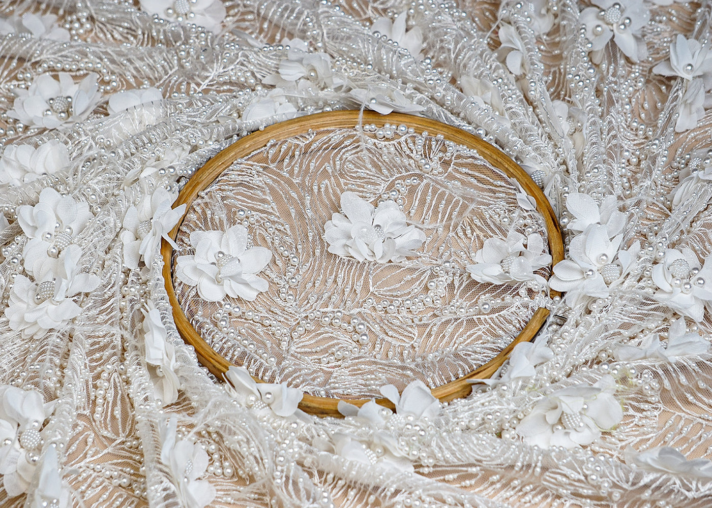 (Pre-Cut 2 MTR) White Imported Net Fabric With All Over Bead And Pearl With Applique Work 18378