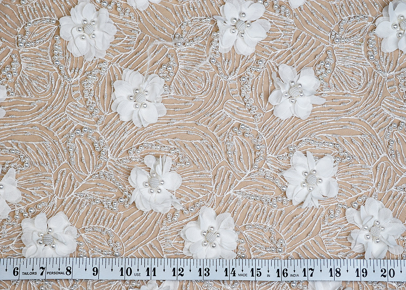 (Pre-Cut 2 MTR) White Imported Net Fabric With All Over Bead And Pearl With Applique Work 18378