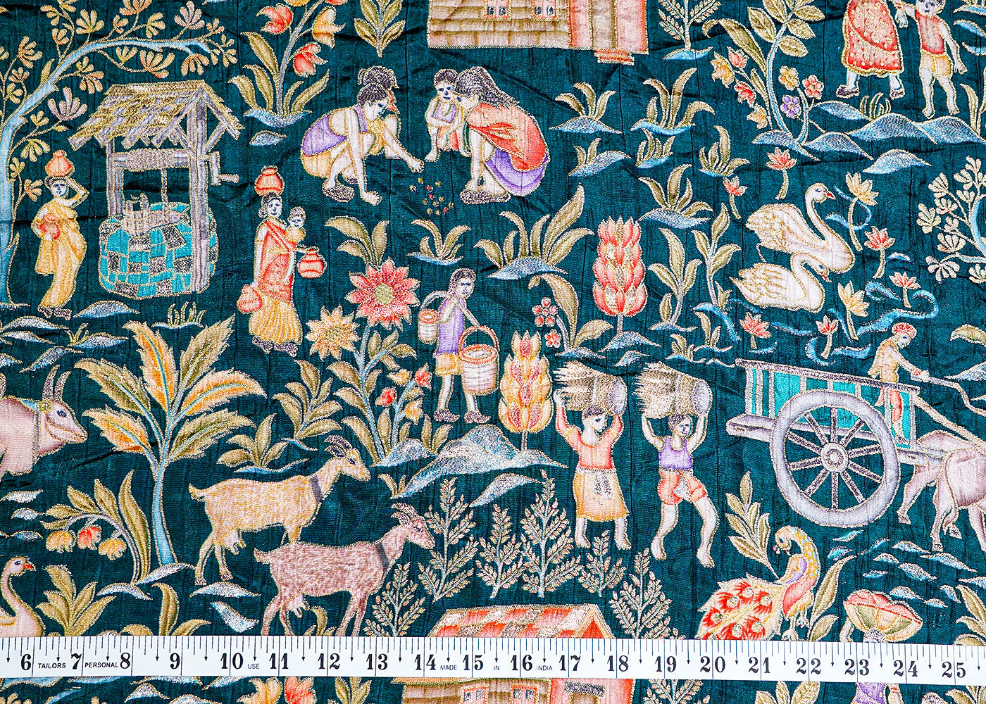 (Pre-Cut 1.9 MTR) Bottle Green Upara Silk Fabric With All Over Traditional Print And Zari Work 18379