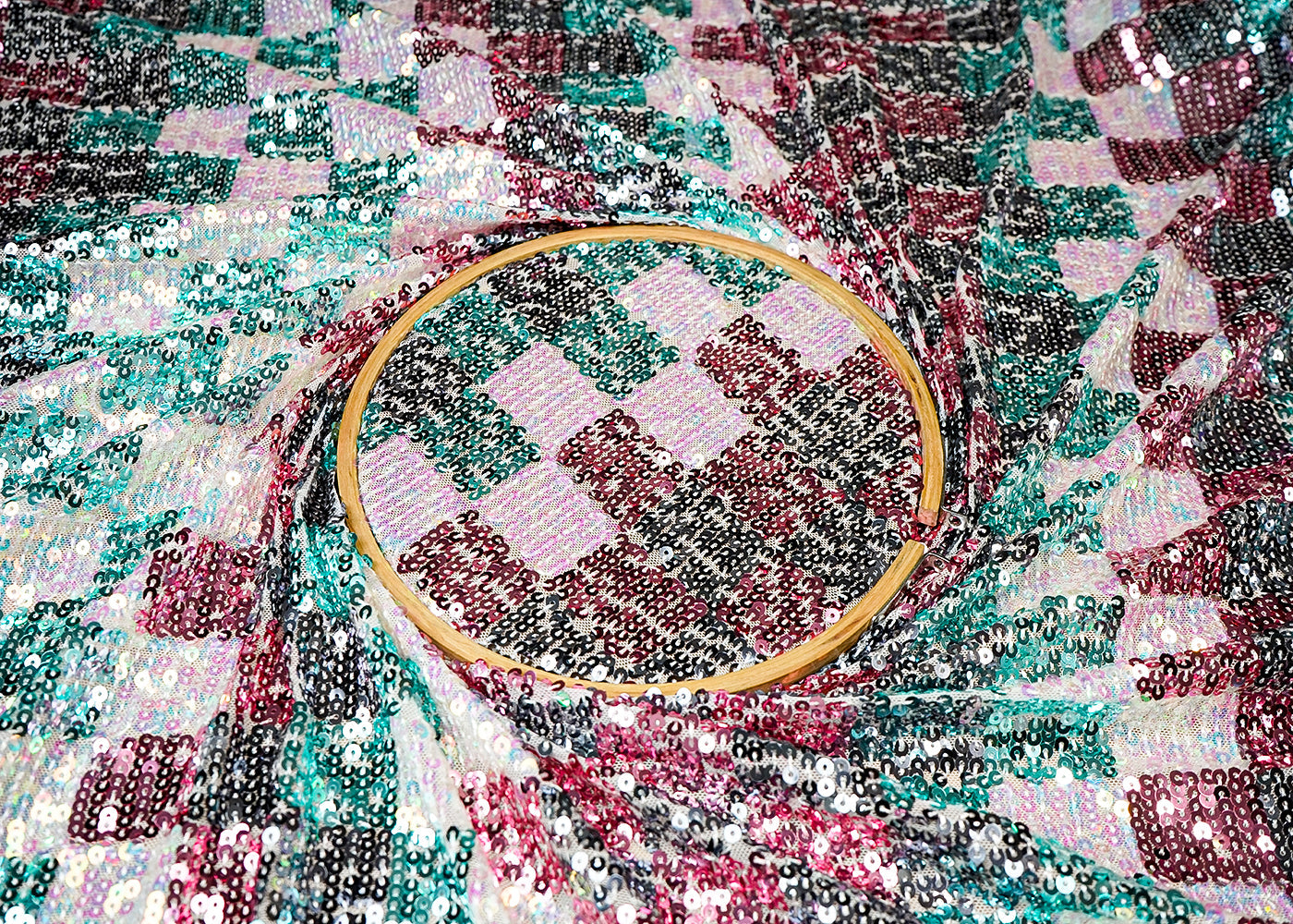 (Pre-Cut 2.35 MTR) Multi-Color Lycra Net Fabric With All Over Sequins Work 18383