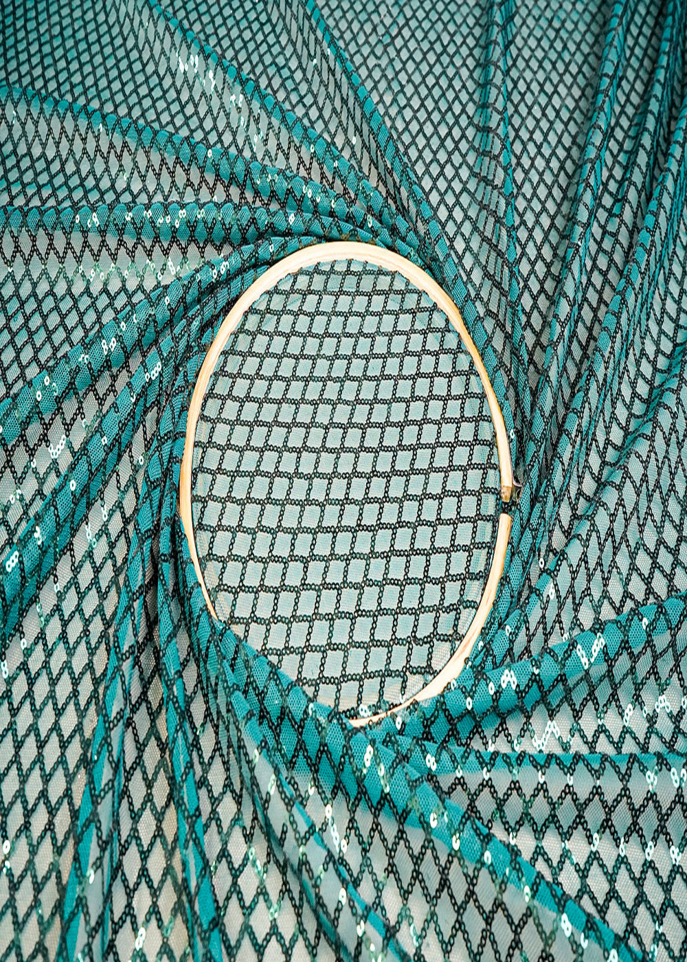 (Pre-Cut-2.35-MTR)-Bottle-Green-Lycra-Net-Fabric-With-All-Over-Sequins-Work-18390