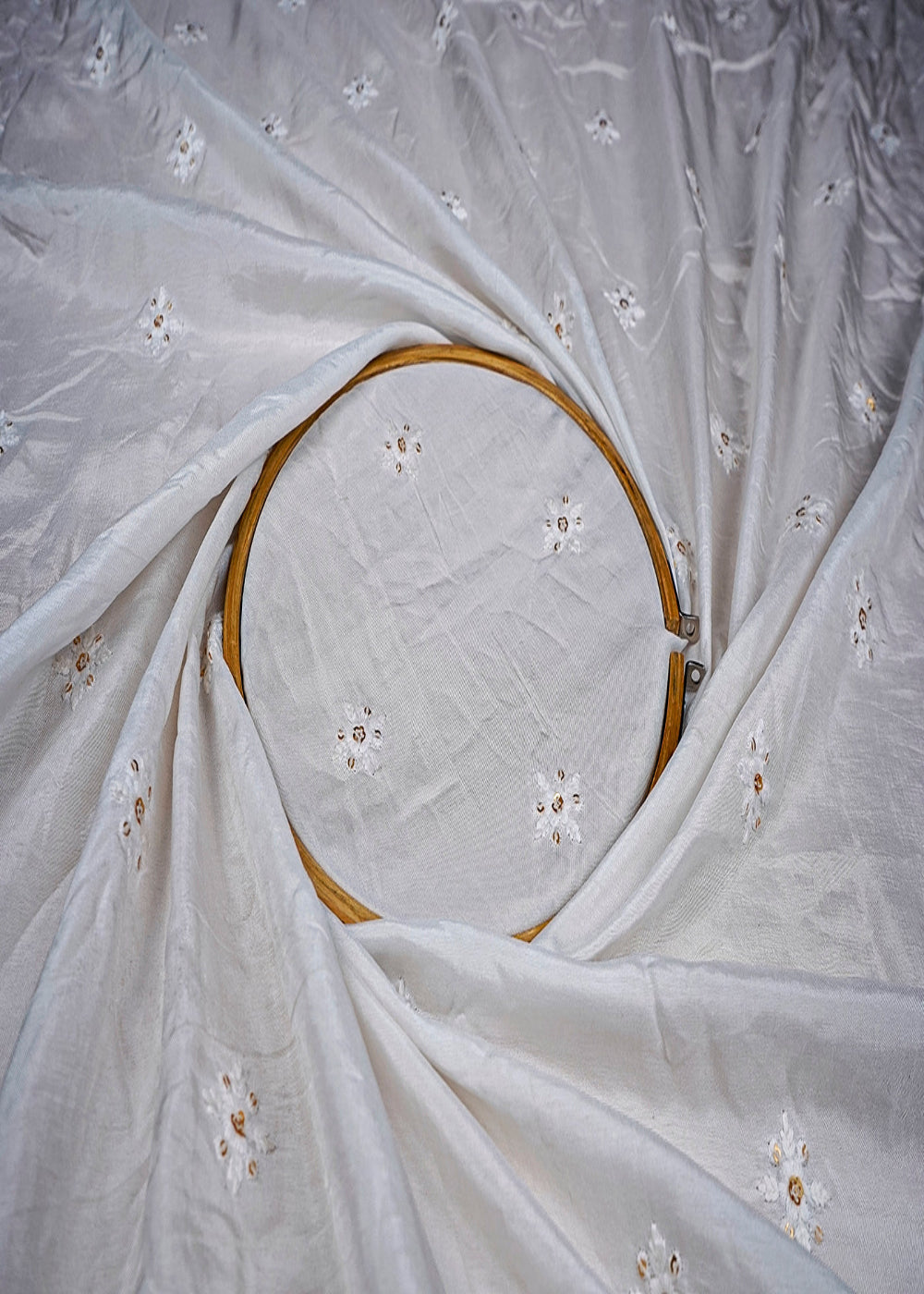 (Pre-Cut-2.25-MTR)-White-Upada-Silk-Fabric-With-All-Over-Thread-And-Sequins-Work-18393