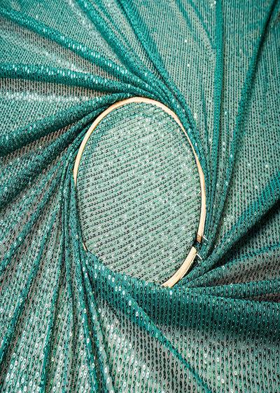 (Pre-Cut 3.5 MTR) Bottle Green Lycra Net Fabric With All Over Sequins Work 18394
