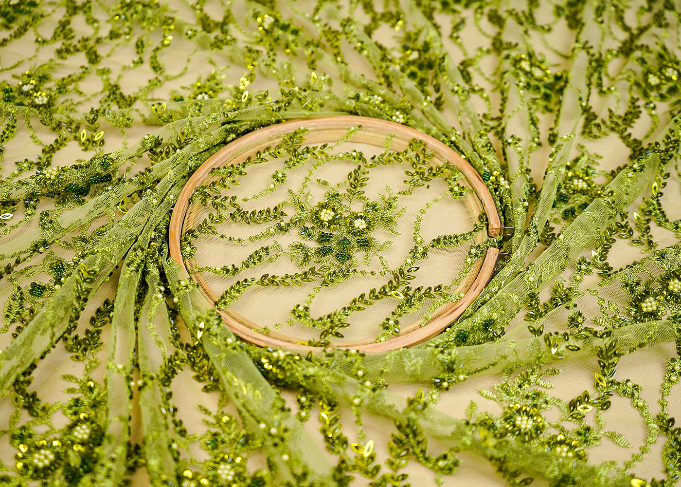 (Pre-Cut 2.35 MTR) Green Imported Net Fabric With All Over Sequins, Thread And Bead Work 18403