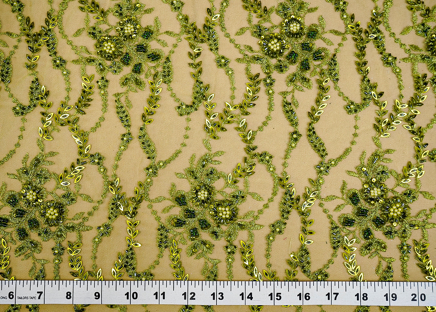 (Pre-Cut 2.35 MTR) Green Imported Net Fabric With All Over Sequins, Thread And Bead Work 18403