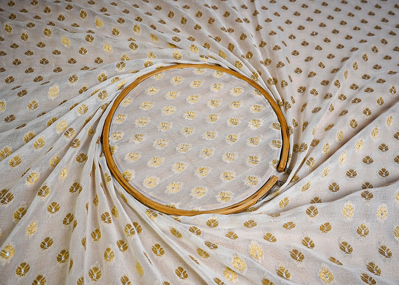 (Pre-Cut 2.1 MTR) White Georgette Fabric With All Over Golden Zari Handloom 18407