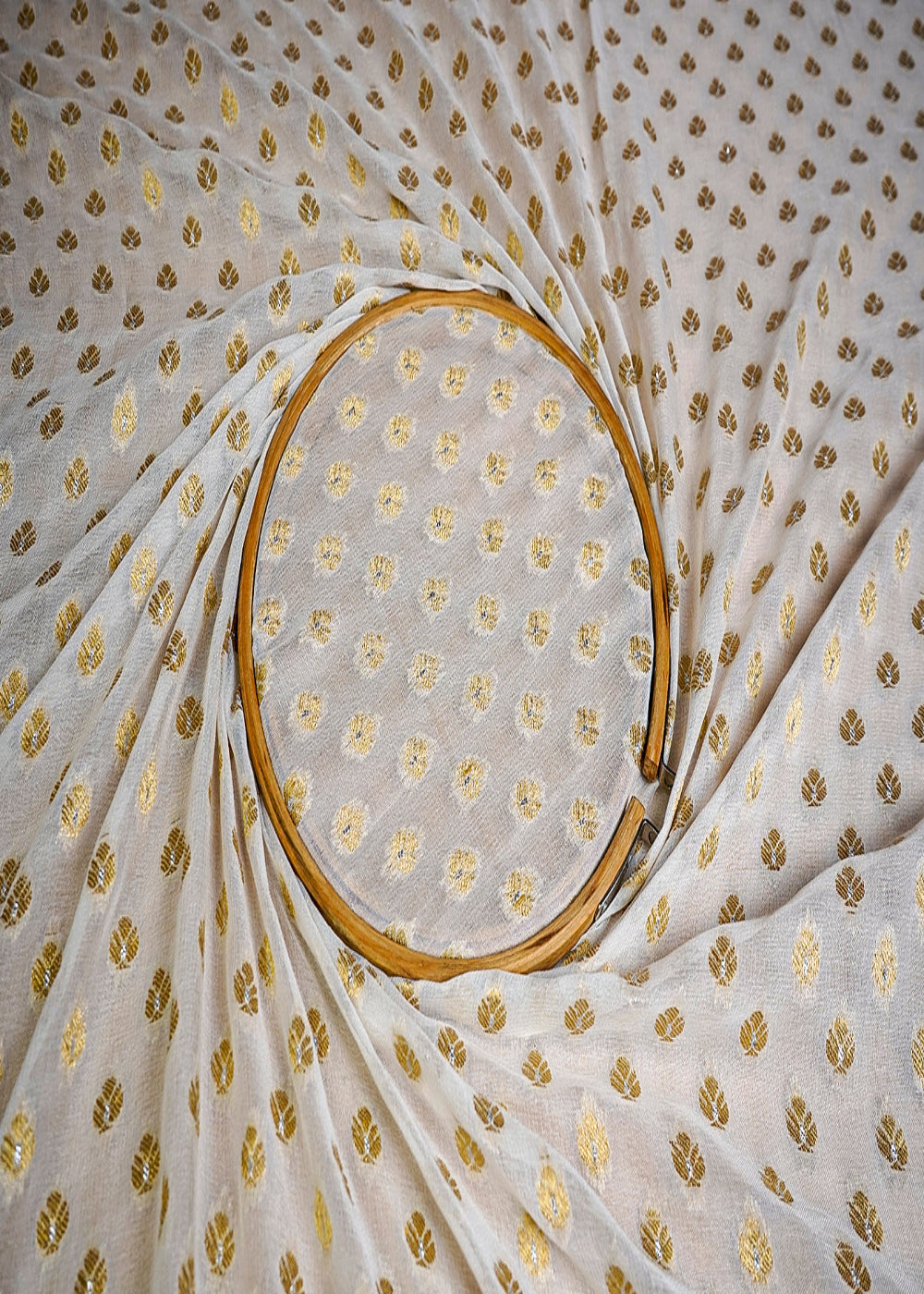 (Pre-Cut-2.1-MTR)-White-Georgette-Fabric-With-All-Over-Golden-Zari-Handloom-18407