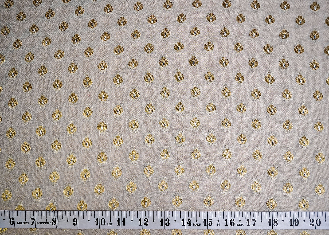 (Pre-Cut 2.1 MTR) White Georgette Fabric With All Over Golden Zari Handloom 18407