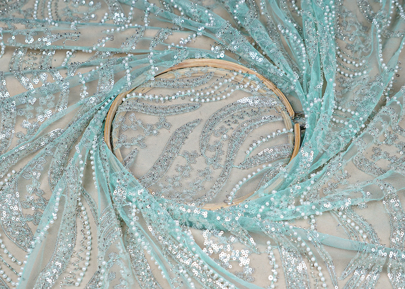 (Pre-Cut 2.5 MTR) Sea Green Imported Net Fabric With All Over Sequins And Bead Work 18408
